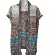 Luxurious cardigan in a fine rayon-wool blend - Elegant grey, blue and beige Missoni knit - Features a small stand-up collar, open front and short, wide sleeves - Stylish alternative to classic cardigans or blazers, with jeans and boots or a pencil skirt and heels