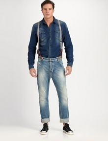 Heritage-inspired denim comes to life in this carpenter-fit silhouette with railroad stripe detailing, finished in a distressed, highly-faded wash.Detachable suspendersInseam, about 34CottonMachine washImported