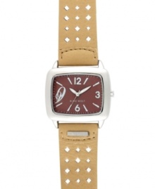 Earthy and mysterious, this chic watch from Nine West brings everyday style. Crafted of tan perforated leather strap and rounded square silver tone mixed metal case. Brown dial with silver tone numerals at three, six, nine and twelve o'clock, applied stick incides, minute track, hour and minute hands, sweeping second hand and logo at six o'clock. Quartz movement. Limited lifetime warranty. Earthy and mysterious, this chic watch from Nine West brings everyday style. Crafted of tan perforated leather strap and rounded square silver tone mixed metal case. Brown dial with silver tone numerals at three, six, nine and twelve o'clock, applied stick incides, minute track, hour and minute hands, sweeping second hand and logo at six o'clock. Quartz movement. Limited lifetime warranty.