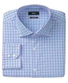 Time for a cool change in your dress wardrobe-- this Hugo Boss dress shirt keeps things up to date. Time for a cool change in your dress wardrobe-- this Hugo Boss dress shirt keeps things up to date.