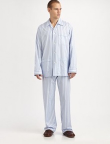 A luxurious cotton two-piece set, soft enough to lounge around in all night and day. Machine wash. Imported.SHIRTButtonfrontSpread collarChest, waist patch pocketsPANTSFlat-front styleAdjustable two-button waistSide elastic waist insetsNo flyInseam, about 31 A luxurious cotton two-piece set, soft enough to lounge around in all night and day. Machine wash. Imported.SHIRTButtonfrontSpread collarChest, waist patch pocketsPANTSFlat-front styleAdjustable two-button waistSide elastic waist insetsNo flyInseam, about 31