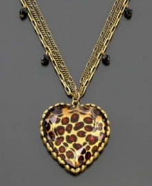 Fall in love with this very cool look from Betsey Johnson. Resin-coated heart-shaped leopard pendant dangles on a layered goldtone metal chain with cute geometric charms throughout. Chain measures 26 inches; drop measures 1-1/2 inches. Fall in love with this very cool look from Betsey Johnson. Resin-coated heart-shaped leopard pendant dangles on a layered goldtone metal chain with cute geometric charms throughout. Chain measures 26 inches; drop measures 1-1/2 inches.