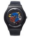 With a colorful array of exposed mechanisms, this Black Lacquered watch from Swatch lets it all hang out.