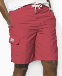 Crafted in a bold solid hue from quick-drying nylon, the classic-fitting Kailua trunk is embroidered with Ralph Lauren's signature pony at the hem for an iconic finish. Crafted in a bold solid hue from quick-drying nylon, the classic-fitting Kailua trunk is embroidered with Ralph Lauren's signature pony at the hem for an iconic finish.