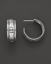 From the Bedeg collection, John Hardy's chic hoop earrings are crafted from sterling silver and feature a polished basket-weave pattern. From the Bedeg collection, John Hardy's chic hoop earrings are crafted from sterling silver and feature a polished basket-weave pattern.