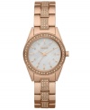 An elegant timepiece fit for every season, by DKNY. Crafted of rose-gold ion-plated stainless steel bracelet embellished with 90 crystal accents and oval stainless steel case. Bezel embellished with 46 crystal accents. White dial features 12 rose-gold tone crystal dot markers, rose-gold tone three hands and logo at twelve o'clock. Quartz movement. Water resistant to 50 meters. Two-year limited warranty.