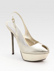 Metallic leather design secured by a buckled slingback and topped off with a platform. Self-covered heel, 5 (125mm) Island platform, 1½ (40mm) Compares to a 3½ heel (90mm) Nappa leather upper Peep toe Leather lining and sole Padded insole Made in ItalyOUR FIT MODEL RECOMMENDS ordering one size up as this style runs small. Metallic leather design secured by a buckled slingback and topped off with a platform. Self-covered heel, 5 (125mm) Island platform, 1½ (40mm) Compares to a 3½ heel (90mm) Nappa leather upper Peep toe Leather lining and sole Padded insole Made in ItalyOUR FIT MODEL RECOMMENDS ordering one size up as this style runs small.
