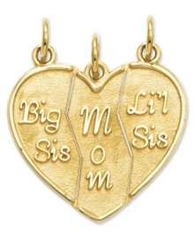 Perfect for all the wonderful women in your life. This break-apart charm comes in three parts that feature the words Big Sis, Mom and Li'l Sis. Crafted in 14k gold. Chain not included. Approximate length: 8/10 inch. Approximate width: 7/10 inch. Perfect for all the wonderful women in your life. This break-apart charm comes in three parts that feature the words Big Sis, Mom and Li'l Sis. Crafted in 14k gold. Chain not included. Approximate length: 8/10 inch. Approximate width: 7/10 inch.