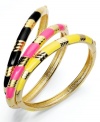 Polished and pretty! Bar III's three-bangle set adds style with golden tones amped up with colorful enamel. Set in gold tone mixed metal. Approximate diameter: 2-1/2 inches.