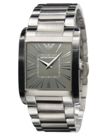 Update your look with this fine watch by Emporio Armani. Stainless steel bracelet and square case. Gray dial with silvertone Roman numerals and logo. Quartz movement. Water resistant to 30 meters. Two-year limited warranty. Update your look with this fine watch by Emporio Armani. Stainless steel bracelet and square case. Gray dial with silvertone Roman numerals and logo. Quartz movement. Water resistant to 30 meters. Two-year limited warranty.