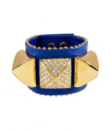 With its bright lapis leather and statement studding, Juicy Coutures pave encrusted pyramid cuff lends a glam rocker finish to every outfit - Snap closures - Wear with everything from pullovers and jeans to party dresses and heels
