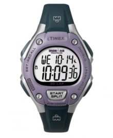Classic Ironman styling with functions needed by athletes at every level. Watch by Timex crafted of black resin strap and round case. Purple bezel with four silver tone lugs. Positive display digital dial features INDIGLO night-light, chronograph, lap counter, countdown timer and 15 date reminders. Quartz movement. Water resistant to 100 meters. One-year limited warranty. Classic Ironman styling with functions needed by athletes at every level. Watch by Timex crafted of black resin strap and round case. Purple bezel with four silver tone lugs. Positive display digital dial features INDIGLO night-light, chronograph, lap counter, countdown timer and 15 date reminders. Quartz movement. Water resistant to 100 meters. One-year limited warranty.