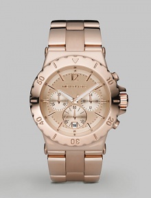 Classic chronograph timekeeping in a sleek stainless steel construction.Analog movement Water resistant to 10 ATM Bezel with minute markers Stainless steel case, 42mm, (1.65) Light rose gold brushed chronograph dial Arabic numeral and index hour markers Military time along inner circumference Date display at 6 o'clock Second hand Polished and matte stainless steel bracelet Imported 