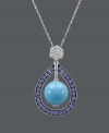 Splash yourself with a summery drop. Carlo Viani's vibrant teardrop pendant shines with the addition of round-cut turquoise (5-3/4 mm), round-cut tanzanite (5/8 ct. t.w.) and a white sapphire-encrusted center (1/4 ct. t.w.). Setting and chain crafted in 14k white gold. Approximate length: 18 inches. Approximate drop: 1-1/10 inches.