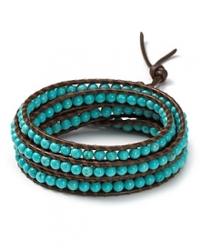 Chan Luu's must-have wrap bracelets, crafted of leather cord and multi colored stones, perfect free spirited style. This gold turquoise-embellished piece is a gleaming way to work the look. Chan Luu's must-have wrap bracelets, crafted of leather cord and multi colored stones, perfect free spirited style. This gold turquoise-embellished piece is a gleaming way to work the look.
