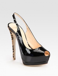 EXCLUSIVELY AT SAKS. Smooth patent leather modernized by a unique tiger-print calf hair heel and adjustable slingback strap. Tiger-print calf hair heel, 5 (125mm)Covered platform, 1½ (40mm)Compares to a 3½ heel (90mm)Patent leather upperLeather liningBuffed leather solePadded insoleMade in ItalyOUR FIT MODEL RECOMMENDS ordering one half size up as this style runs small. EXCLUSIVELY AT SAKS. Smooth patent leather modernized by a unique tiger-print calf hair heel and adjustable slingback strap. Tiger-print calf hair heel, 5 (125mm)Covered platform, 1½ (40mm)Compares to a 3½ heel (90mm)Patent leather upperLeather liningBuffed leather solePadded insoleMade in ItalyOUR FIT MODEL RECOMMENDS ordering one half size up as this style runs small.