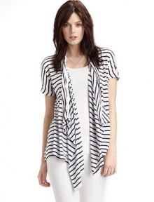 Asymmetric draping adds flirty flair to this open front look with a charming stripe pattern.Draped open front Short sleeves Uneven hem About 28 from shoulder to hem 55% cotton/25% polyester/20% rayon Dry clean Imported