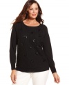 Let your style shine this holiday season with Charter Club's long sleeve plus size sweater, finished by a sequined lace front.
