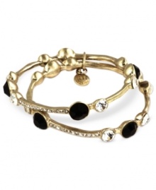 A glamorous combination of sparkling crystals, jet beads and golden tones creates this lovely set of 2 bangle bracelets from Jones New York. Crafted in worn gold tone mixed metal. Approximate diameter: 2-1/2 inches. A glamorous combination of sparkling crystals, jet beads and golden tones creates this lovely set of 2 bangle bracelets from Jones New York. Crafted in worn gold tone mixed metal. Approximate diameter: 2-1/2 inches.