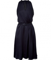 Stunning dress in fine, midnight-blue silk is tremendously flattering and sexy - A modern classic from Ralph Lauren collection - Slim cut with elegant movement in a wrap-look design with waist belt - Sleeveless with decorative ruched back panel - Wear with pumps, peep toes or sandals to complete the look