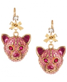 Jungle cat chic. Glitzy tiger charms and a dainty bow adorn these charming drop earrings from Betsey Johnson. Embellished with pink-colored crystals, they're crafted in antique gold tone mixed metal. Crystal accents at post. Approximate drop: 2-1/4 inches. Jungle cat chic. Glitzy tiger charms and a dainty bow adorn these charming drop earrings from Betsey Johnson. Embellished with pink-colored crystals, they're crafted in antique gold tone mixed metal. Crystal accents at post. Approximate drop: 2-1/4 inches.