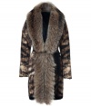 Luxurious, dramatic coat in a combination of fur and soft animal print wool-blend knit - Features a thick fur shawl collar with trim extending to the hemline - Thin belted closure for a flattering feminine effect - Wear with cocktail dress and heels, or with edgy leggings and ankle boots for a glamorous look in the winter months