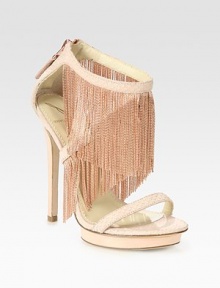 Lovely snake-print leather with rose goldtone fringe and a chic island platform. Self-covered heel, 5 (125mm)Island platform, 1 (25mm)Compares to a 4 heel (100mm)Snake-print leather and metal fringe upperExposed back zipperLeather lining and solePadded insoleImported Lovely snake-print leather with rose goldtone fringe and a chic island platform. Self-covered heel, 5 (125mm)Island platform, 1 (25mm)Compares to a 4 heel (100mm)Snake-print leather and metal fringe upperExposed back zipperLeather lining and solePadded insoleImported