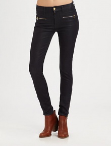 Crafted in one of the best-selling, high-shine washes, these unbelievably soft, zipper-trimmed skinnies will transition smoothly from work hours to after hours. THE FITMedium rise, about 9Inseam, about 29THE DETAILSZip flyFront besom pocketsZippered front slash pocketsBack patch pocketsZippered cuffs98% cotton/2% spandexMachine washMade in USA of imported fabricModel shown is 5'9 (175cm) wearing US size 0. Crafted in one of the best-selling, high-shine washes, these unbelievably soft, zipper-trimmed skinnies will transition smoothly from work hours to after hours. THE FITMedium rise, about 9Inseam, about 29THE DETAILSZip flyFront besom pocketsZippered front slash pocketsBack patch pocketsZippered cuffs98% cotton/2% spandexMachine washMade in USA of imported fabricModel shown is 5'9 (175cm) wearing US size 0.