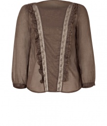 Add a boho-inspired accent to your day look with this chic top from Paul & Joe Sister - Bateau neck, front lace insets with ruffle detail, three-quarter puff sleeves, relaxed silhouette, semi-sheer, curved hem - Style with high-waisted flares, a draped cardigan, and wedge heels