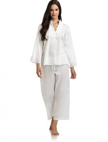THE LOOKStand collarEmbroidered detail at bib and on cuffsCropped pants with drawstring waistTHE FITTop: about 25 from shoulder to hemPants: rise, about 12; inseam, about 26THE MATERIALCottonCARE & ORIGINMachine washImportedModel shown is 5'10 (177cm) wearing US size Small. THE LOOKStand collarEmbroidered detail at bib and on cuffsCropped pants with drawstring waistTHE FITTop: about 25 from shoulder to hemPants: rise, about 12; inseam, about 26THE MATERIALCottonCARE & ORIGINMachine washImportedModel shown is 5'10 (177cm) wearing US size Small.