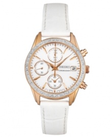 A call to elegance: Swarovski crystal accents, warm rose-gold and rich white leather create a gorgeous watch from Seiko. A call to elegance: Swarovski crystal accents, warm rose-gold and rich white leather create a gorgeous watch from Seiko.