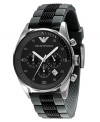A valiant watch by Emporio Armani. Black and gray textured silicone strap and round stainless steel case. Black chronograph dial with silvertone numerals, logo, date window and three subdials. Analog movement. Water resistant to 50 meters. Two-year limited warranty.