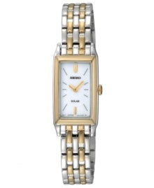 Set a standard for sophistication. Watch by Seiko crafted of two-tone stainless steel bracelet and rectangular case with gold tone bezel, 15mm. White solar-powered dial features applied gold tone stick indices at twelve and six o'clock, two hands and logo. Quartz movement. Water resistant to 30 meters. Three-year limited warranty. Set a standard for sophistication. Watch by Seiko crafted of two-tone stainless steel bracelet and rectangular case with gold tone bezel, 15mm. White solar-powered dial features applied gold tone stick indices at twelve and six o'clock, two hands and logo. Quartz movement. Water resistant to 30 meters. Three-year limited warranty.