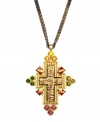 Ornate opulence: RACHEL Rachel Roy's large cross pendant necklace is intricately adorned with an array of glass and resin stones. Crafted in gold tone and hematite tone mixed metal. Approximate length: 20 inches + 2-inch extender. Approximate drop: 3-1/3 inches.