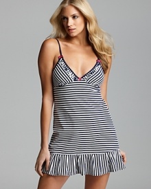 A charming cotton stretch slip with stylish stripes and cute bow accents. A charming cotton stretch slip with stylish stripes and cute bow accents.