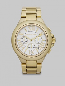 From the Bella Collection. A timeless design in radiant goldtone stainless steel. Quartz movementWater resistant to 10 ATMRound goldtone stainless steel case, 43mm (1.7) Smooth bezelSilvertone dialRoman numeric and bar hour markersDate display between 4 and 5 o'clockSecond hand Goldtone stainless steel link braceletImported From the Bella Collection. A timeless design in radiant goldtone stainless steel. Quartz movementWater resistant to 10 ATMRound goldtone stainless steel case, 43mm (1.7) Smooth bezelSilvertone dialRoman numeric and bar hour markersDate display between 4 and 5 o'clockSecond hand Goldtone stainless steel link braceletImported