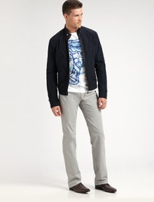 Chino-style casual pant with stitched waistband detail updated in a modern city fit.Zip frontSide slash, back welt pocketsInseam, about 3396% cotton/4% elastaneDry cleanImported of Italian fabric Chino-style casual pant with stitched waistband detail updated in a modern city fit.Zip frontSide slash, back welt pocketsInseam, about 3396% cotton/4% elastaneDry cleanImported of Italian fabric