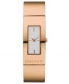 Rosy hues highlight a sleek bracelet from DKNY. Watch crafted of rose-gold ion-plated stainless steel bracelet with logo and rectangular case. White dial features rose-gold tone applied stick indices at three, six, nine and twelve o'clock and two hands. Quartz movement. Water resistant to 30 meters. Two-year limited warranty.