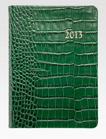 The ideal social agenda, featuring month-at-a-view and week-at-a-view pages, daily note pages plus maps, travel and holiday information.Hand-crafted, Smyth-sewn crocodile-embossed leather coverGilt-edged acid-free creamy white paperAbout 5½W X 7½HMade in USA The ideal social agenda, featuring month-at-a-view and week-at-a-view pages, daily note pages plus maps, travel and holiday information.Hand-crafted, Smyth-sewn crocodile-embossed leather coverGilt-edged acid-free creamy white paperAbout 5½W X 7½HMade in USA