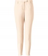 Stylish pant in fine, beige cotton stretch blend - On-trend, modified chino cut with straight legs and chic zipper embellishment at hem - Crease detail at front flatters and elongates the silhouette - Tab waist and belt loops - Slash pockets at sides, welt pockets at rear - Medium low rise - Classically chic and comfortable, ideal for both work and play - Pair with a blouse, blazer and heels, or go for a more casual look with a t-shirt oversize cardigan and ballet flats