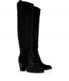 The ultimate wear-with-anything boots, this must-have pair from Kors Michael Kors boast supple suede and a modernized western styling - Rounded toe, chunky cowboy heel, pull-on style, knee-high - Style with skinny jeans or a denim midi-skirt and a retro-inspired pullover