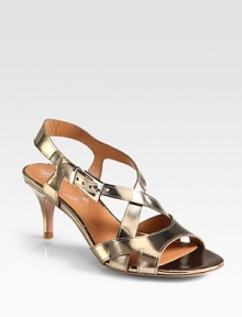 A practical heel lifts this strappy summer essential of lustrous metallic leather. Self-covered heel, 2¾ (70mm)Metallic leather upperAdjustable ankle strapLeather lining and solePadded insoleImportedOUR FIT MODEL RECOMMENDS ordering true size. A practical heel lifts this strappy summer essential of lustrous metallic leather. Self-covered heel, 2¾ (70mm)Metallic leather upperAdjustable ankle strapLeather lining and solePadded insoleImportedOUR FIT MODEL RECOMMENDS ordering true size.