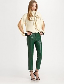 Gorgeous leather goes for moto-chic in this sleek straight-leg silhouette cropped above the ankle.Tab-front waistZip-flySide zip pocketsAnkle zippersRise, about 10Inseam, about 26LeatherDry clean by a leather specialistImportedModel shown is 5'9 (175cm) wearing US size 4.