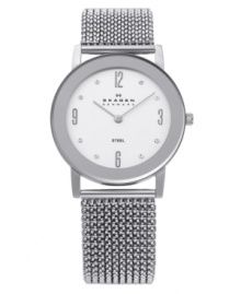 Style you can slip on and off. Timeless watch by Skagen Denmark crafted of stainless steel mesh expansion bracelet and round case. Silver tone dial features applied silver tone numerals at twelve, three, six and nine o'clock, dot markers, eight crystal elements by Swarovski, two silver tone hands and logo. Quartz movement. Water resistant to 30 meters. Limited lifetime warranty.