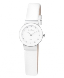 A beautiful, monochromatic watch that goes with every look, by Skagen Denmark. Smooth white leather strap and round stainless steel case. White dial with Swarovski crystals at indices and logo. Quartz movement. Water resistant to 30 meters. Limited lifetime warranty. A beautiful, monochromatic watch that goes with every look, by Skagen Denmark. Smooth white leather strap and round stainless steel case. White dial with Swarovski crystals at indices and logo. Quartz movement. Water resistant to 30 meters. Limited lifetime warranty.