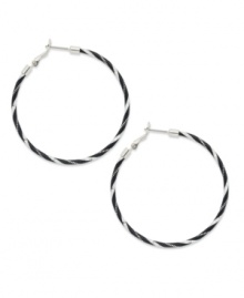Add a touch of sass to your look with this striped design from Style&co. Black stripe hoop earrings featuring black and silver tone mixed metal and an easy latch closure. Approximate diameter: 1-3/4 inches. Add a touch of sass to your look with this striped design from Style&co. Black stripe hoop earrings featuring black and silver tone mixed metal and an easy latch closure. Approximate diameter: 1-3/4 inches.