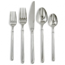 Slender and clean flatware assortment with mirror finish is the perfect sleek addition for a contemporary table. This set includes eight, 5-piece place settings and 5 serving pieces (a pierced serving spoon, a serving spoon, a cold meat fork, butter knife and a sauce ladle) by Ginkgo. Dishwasher safe.