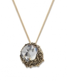 Modern glamour and luminous sparkle combine. Embellished in small Crystal Metallic Light Gold crystals, an exclusively-cut transparent centerpiece reflects the light magnificently. Swarovski pendant hangs from a gold tone mixed metal chain. Approximate length: 17 inches. Approximate drop: 1 inch. Modern glamour and luminous sparkle combine. Embellished in small Crystal Metallic Light Gold crystals, an exclusively-cut transparent centerpiece reflects the light magnificently. Swarovski pendant hangs from a gold tone mixed metal chain. Approximate length: 17 inches. Approximate drop: 1 inch.