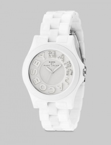 A sleek stainless steel timepiece with glitzy logo dial and sporty plastic link bracelet.Quartz movement Water resistant to 5 ATM White dial Round stainless steel case, 40mm, (1.57) Logo hour markers along outer concave ring with rhinestone 'Marc' Second hand Plastic link bracelet, 20mm, (.78) Tri-fold buckle Imported A sleek stainless steel timepiece with glitzy logo dial and sporty plastic link bracelet.Quartz movement Water resistant to 5 ATM White dial Round stainless steel case, 40mm, (1.57) Logo hour markers along outer concave ring with rhinestone 'Marc' Second hand Plastic link bracelet, 20mm, (.78) Tri-fold buckle Imported