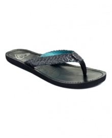 Add some sparkle to your warm weather days. Roxy's Miami thong sandals feature sparkly accents along the vamp and a slight foam platform. Add some sparkle to your warm weather days. Roxy's Miami thong sandals feature sparkly accents along the vamp and a slight foam platform.